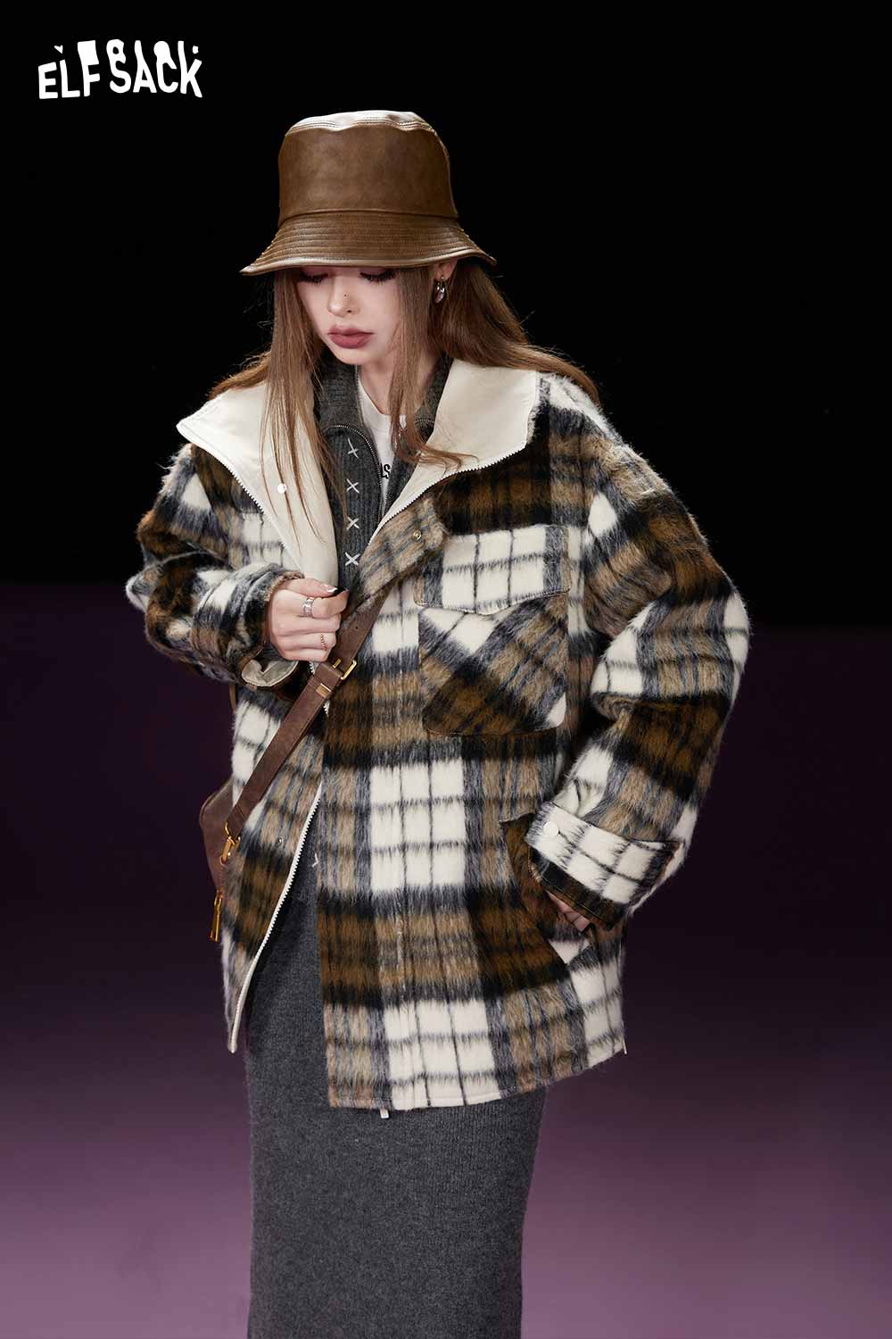 ELFSACK Petite Vintage Plaid Utility Wool Coat
