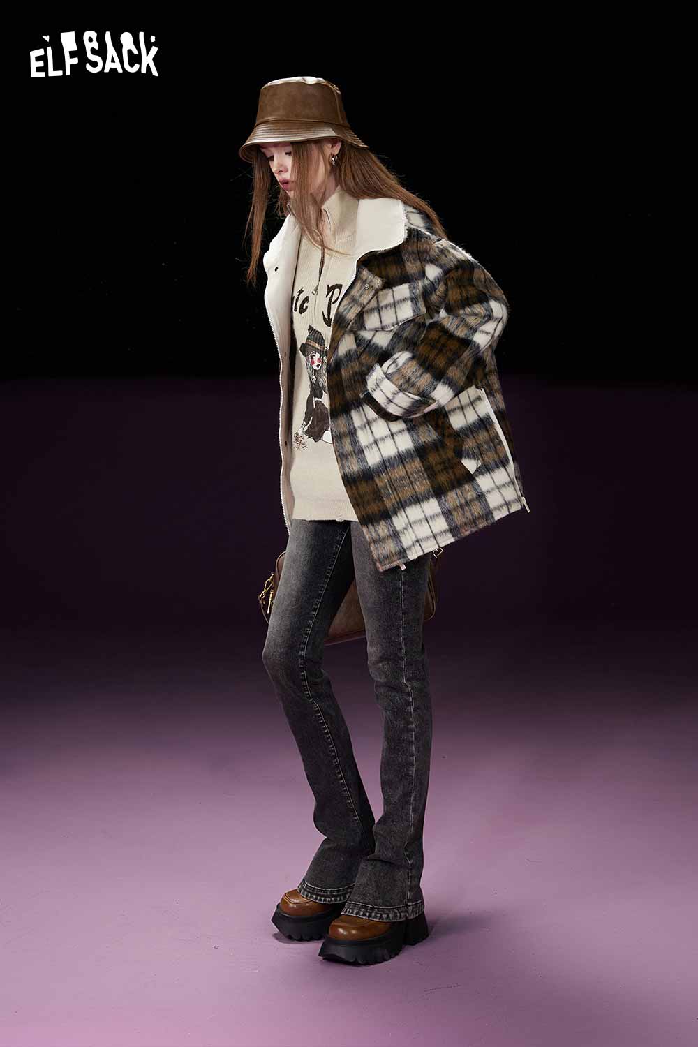 ELFSACK Petite Vintage Plaid Utility Wool Coat
