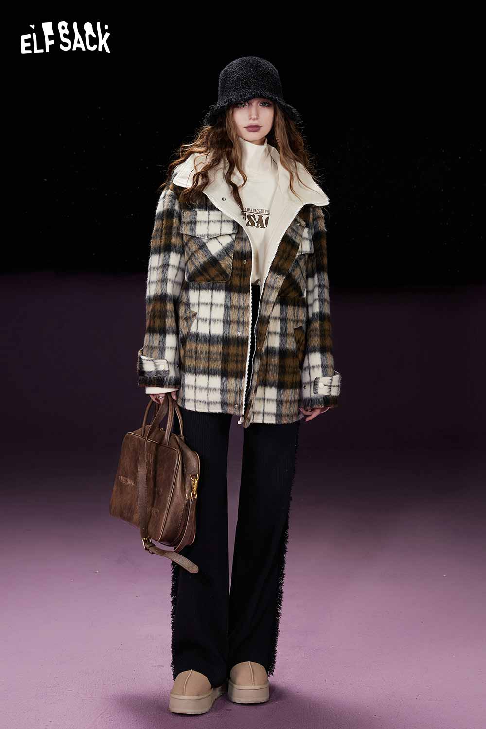 ELFSACK Petite Vintage Plaid Utility Wool Coat