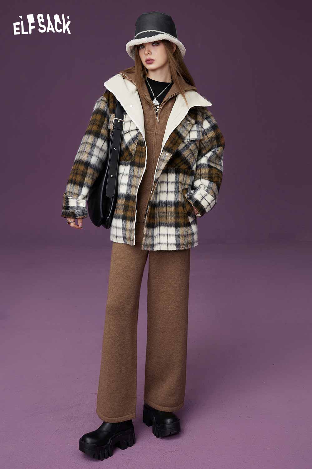 ELFSACK Petite Vintage Plaid Utility Wool Coat