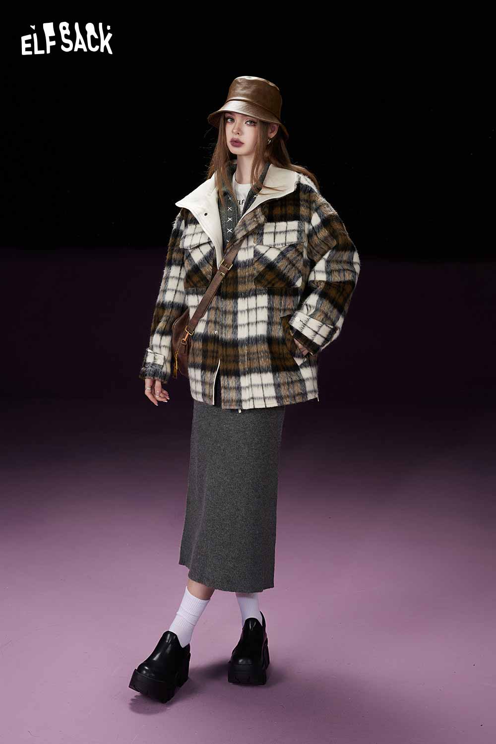ELFSACK Petite Vintage Plaid Utility Wool Coat