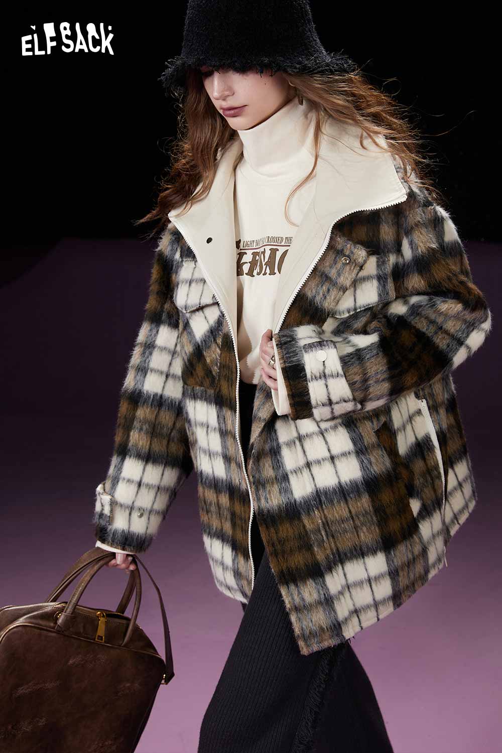 ELFSACK Petite Vintage Plaid Utility Wool Coat