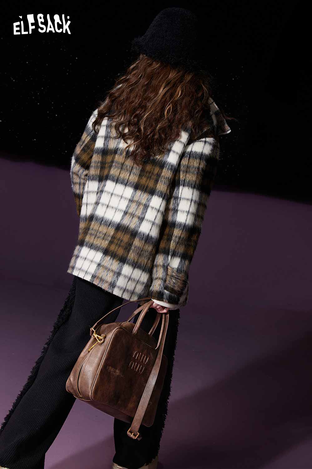 ELFSACK Petite Vintage Plaid Utility Wool Coat