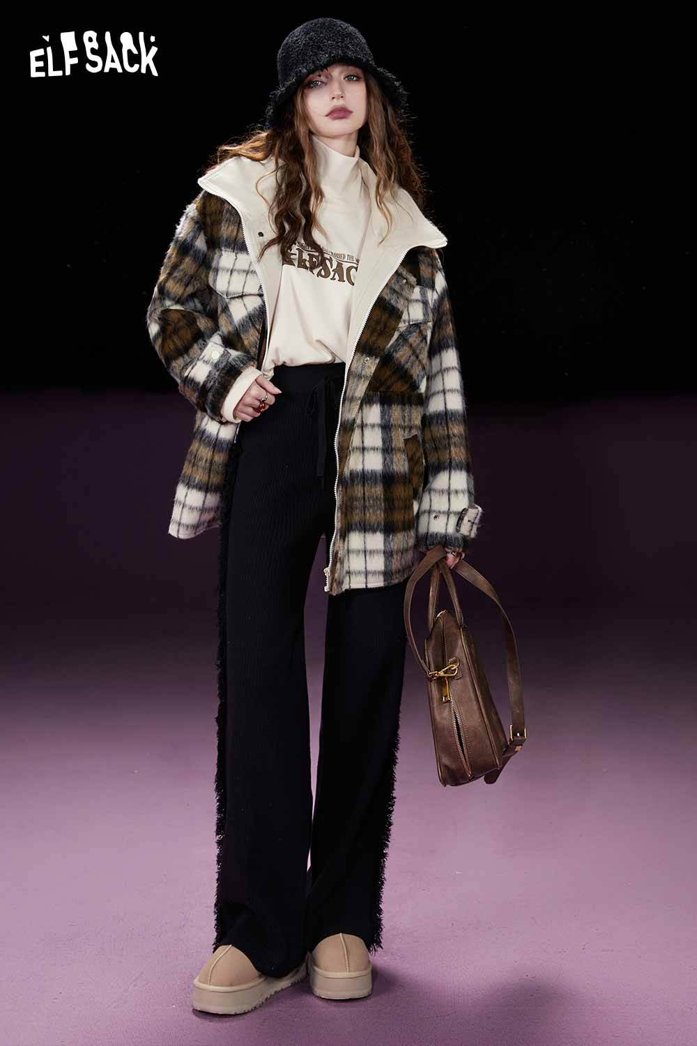 ELFSACK Petite Vintage Plaid Utility Wool Coat