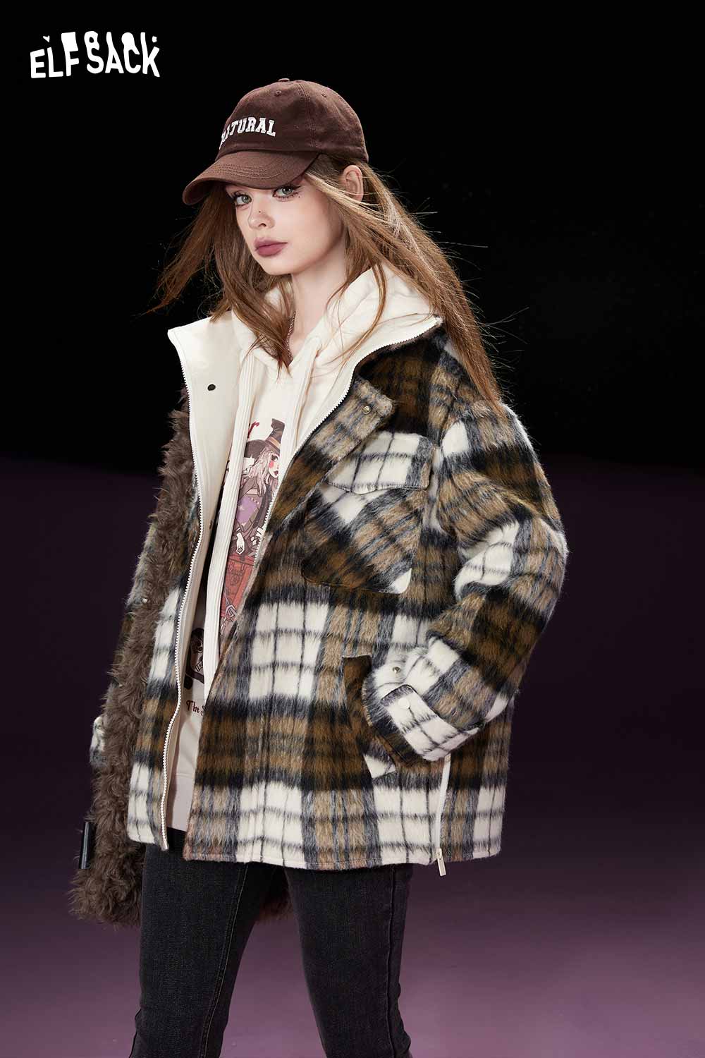 ELFSACK Petite Vintage Plaid Utility Wool Coat