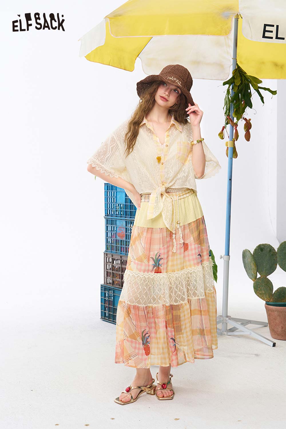 ELFSACK Pineapple Print Lace Tier Maxi Skirt
