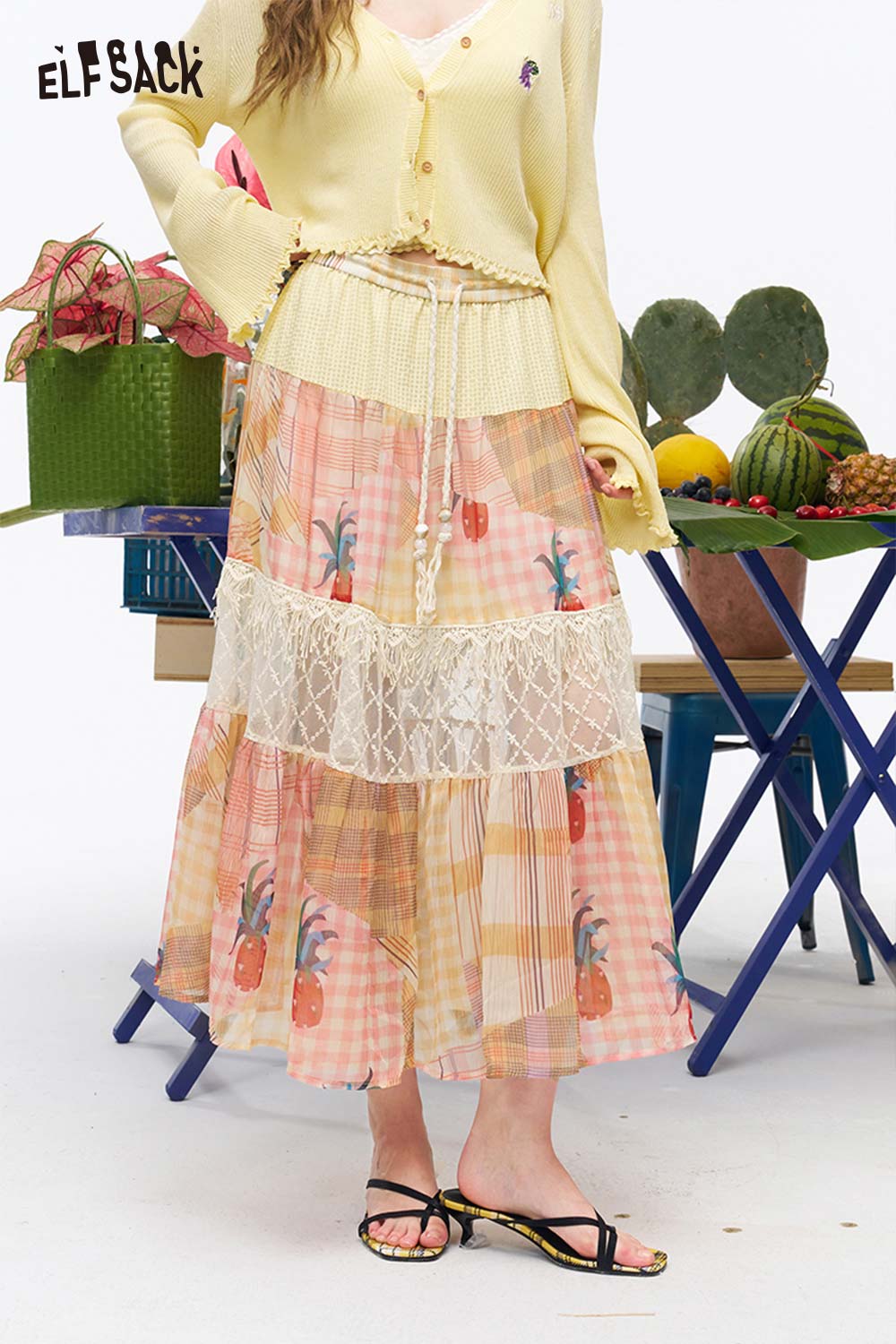 ELFSACK Pineapple Print Lace Tier Maxi Skirt