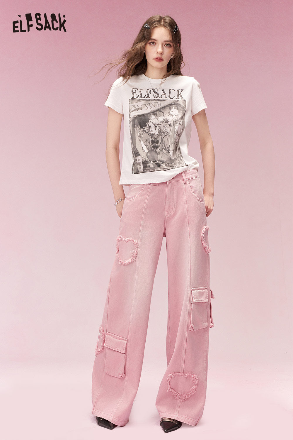 ELFSACK Sweet Cool Heart Distressed Hem Pink Cargo Wide Leg Jeans
