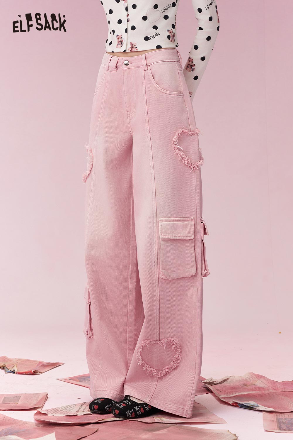 ELFSACK Sweet Cool Heart Distressed Hem Pink Cargo Wide Leg Jeans