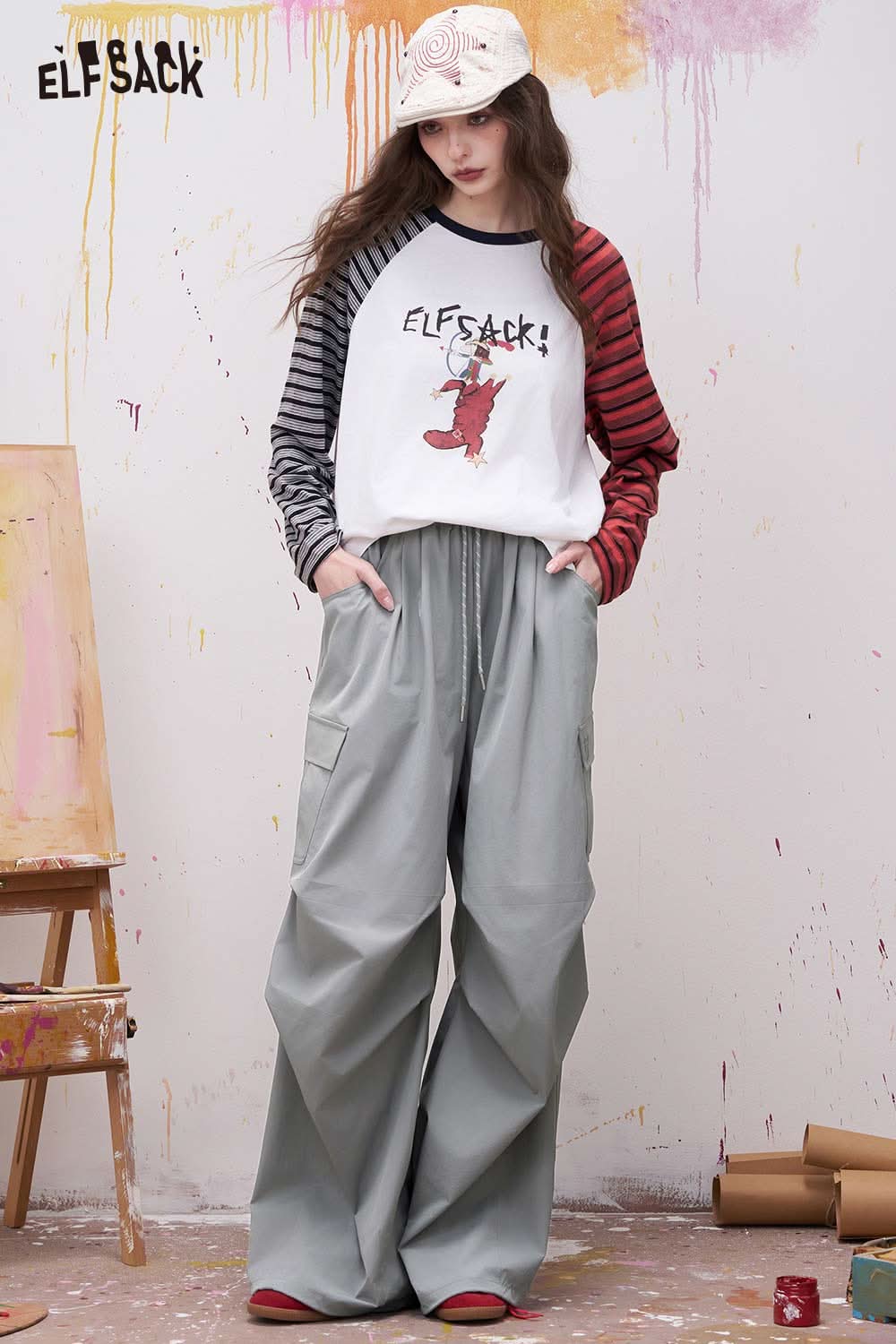 ELFSACK Pink Elastic Waist Wide Leg Cargo Pants