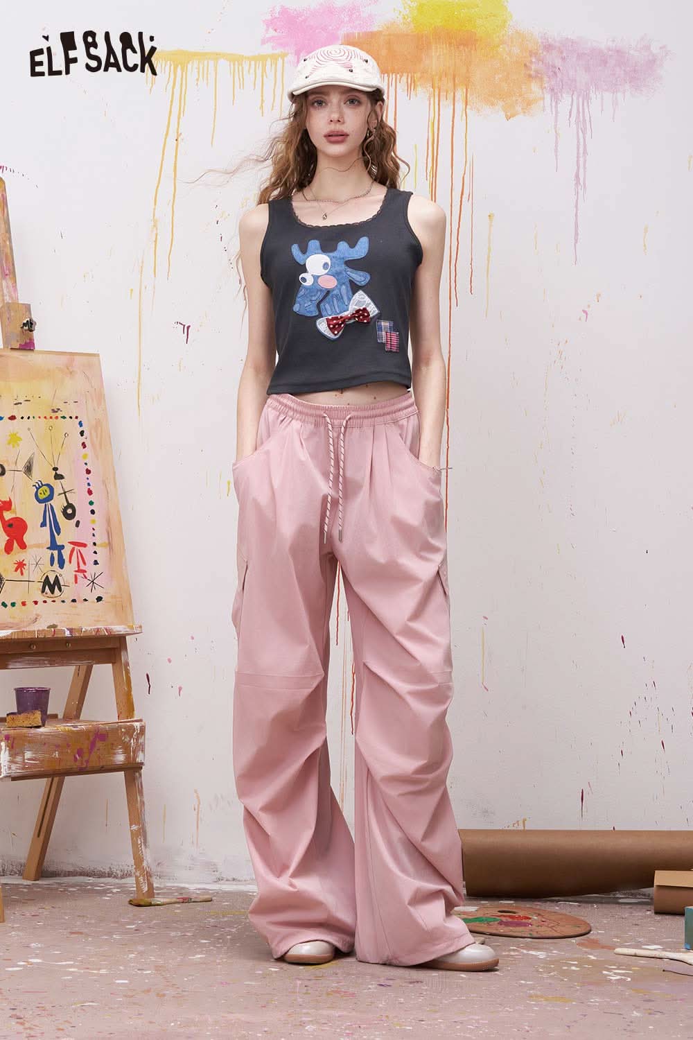 ELFSACK Pink Elastic Waist Wide Leg Cargo Pants