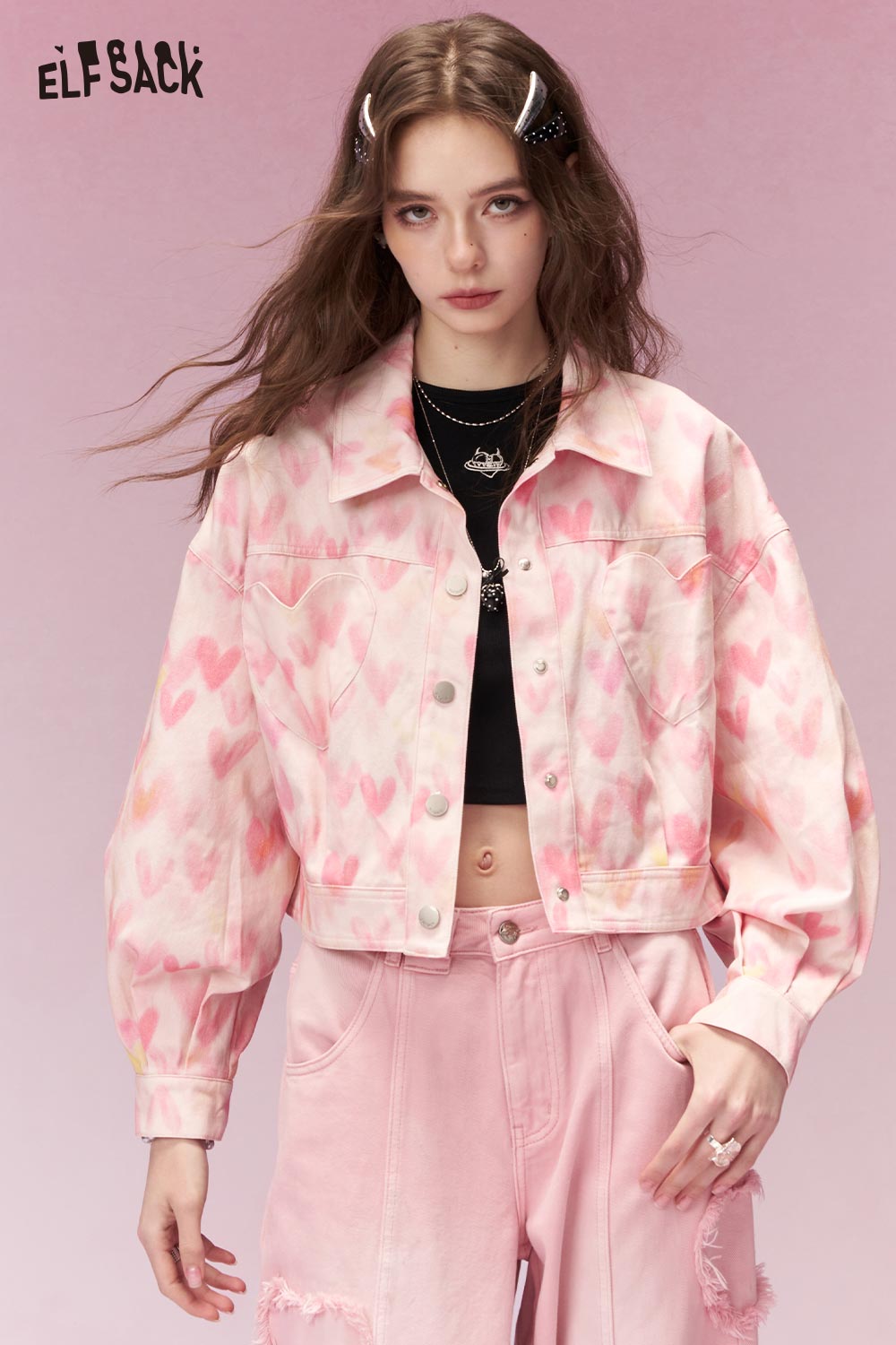 ELFSACK Sweet Pink Casual Pink Graphic Heart Pocket Lapel Short Jacket