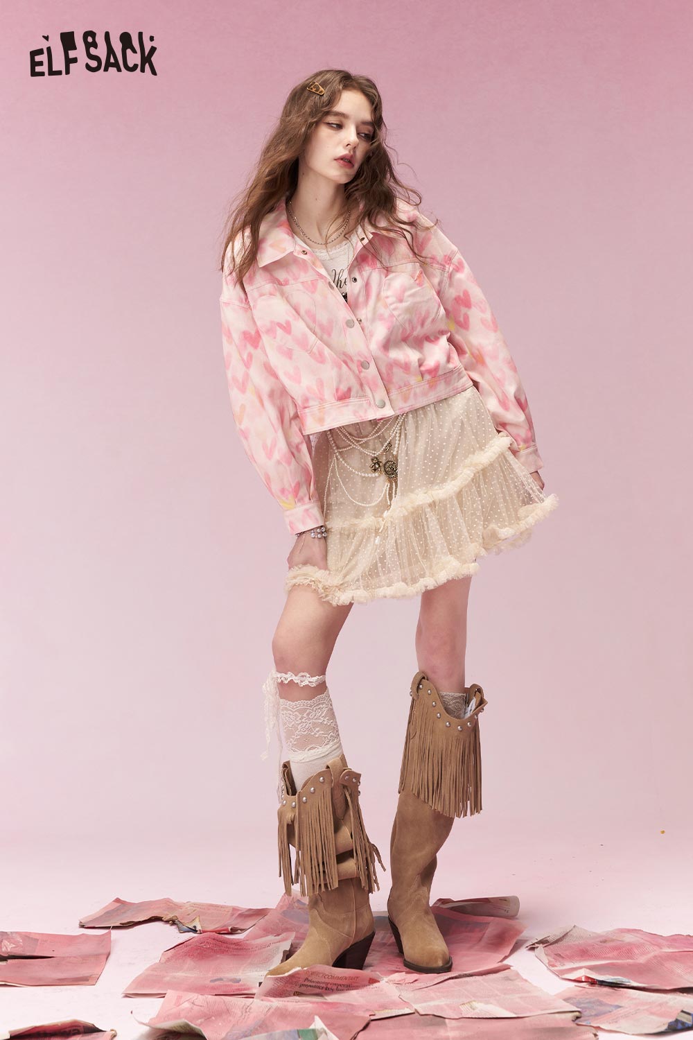 ELFSACK Sweet Pink Casual Pink Graphic Heart Pocket Lapel Short Jacket
