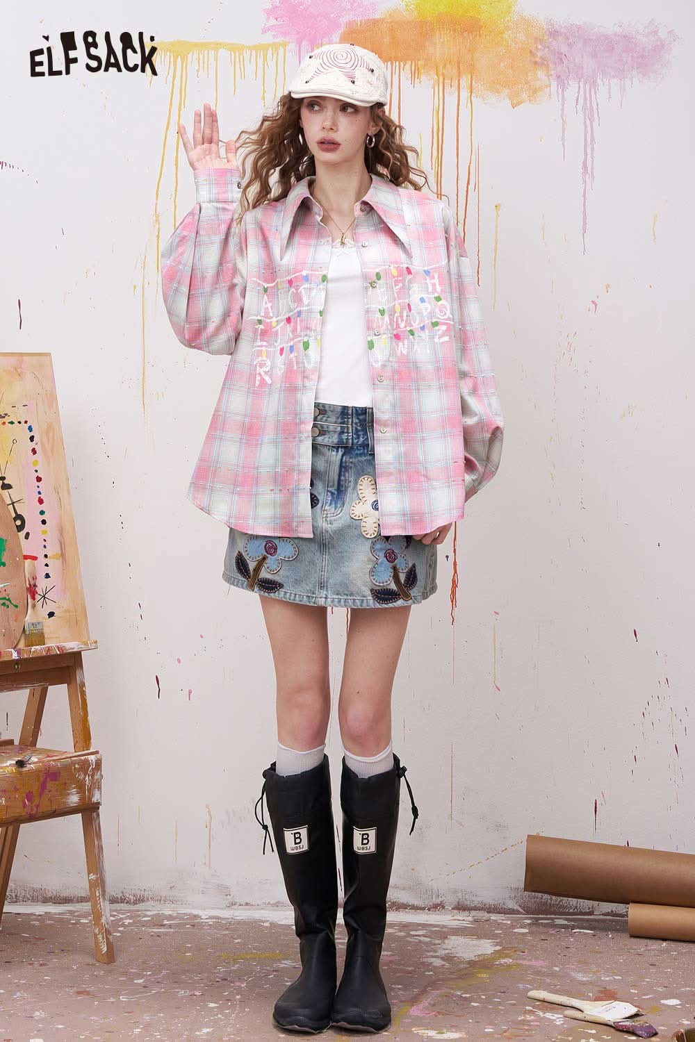 ELFSACK Pink Plaid Alphabet Print Shirt