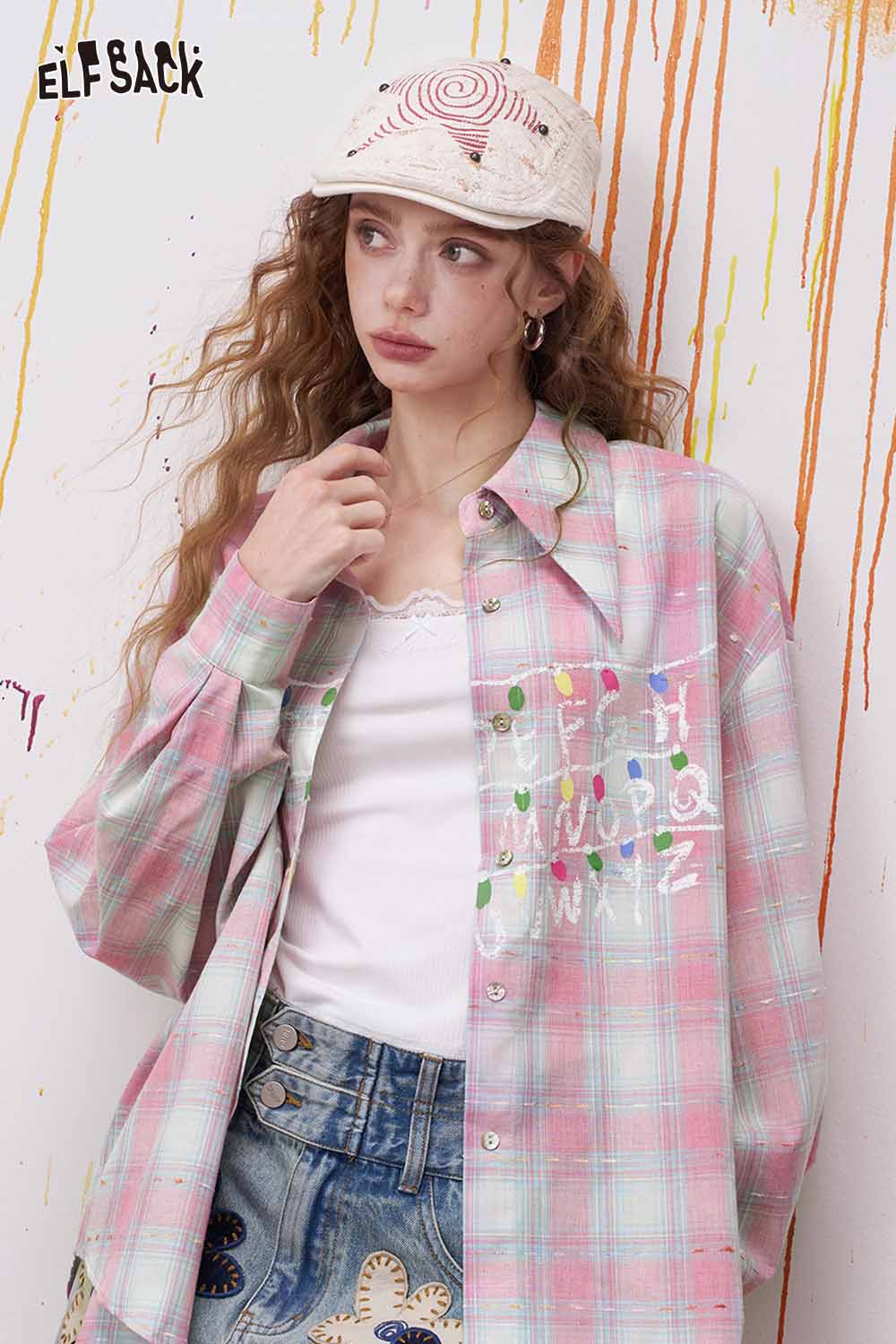ELFSACK Pink Plaid Alphabet Print Shirt