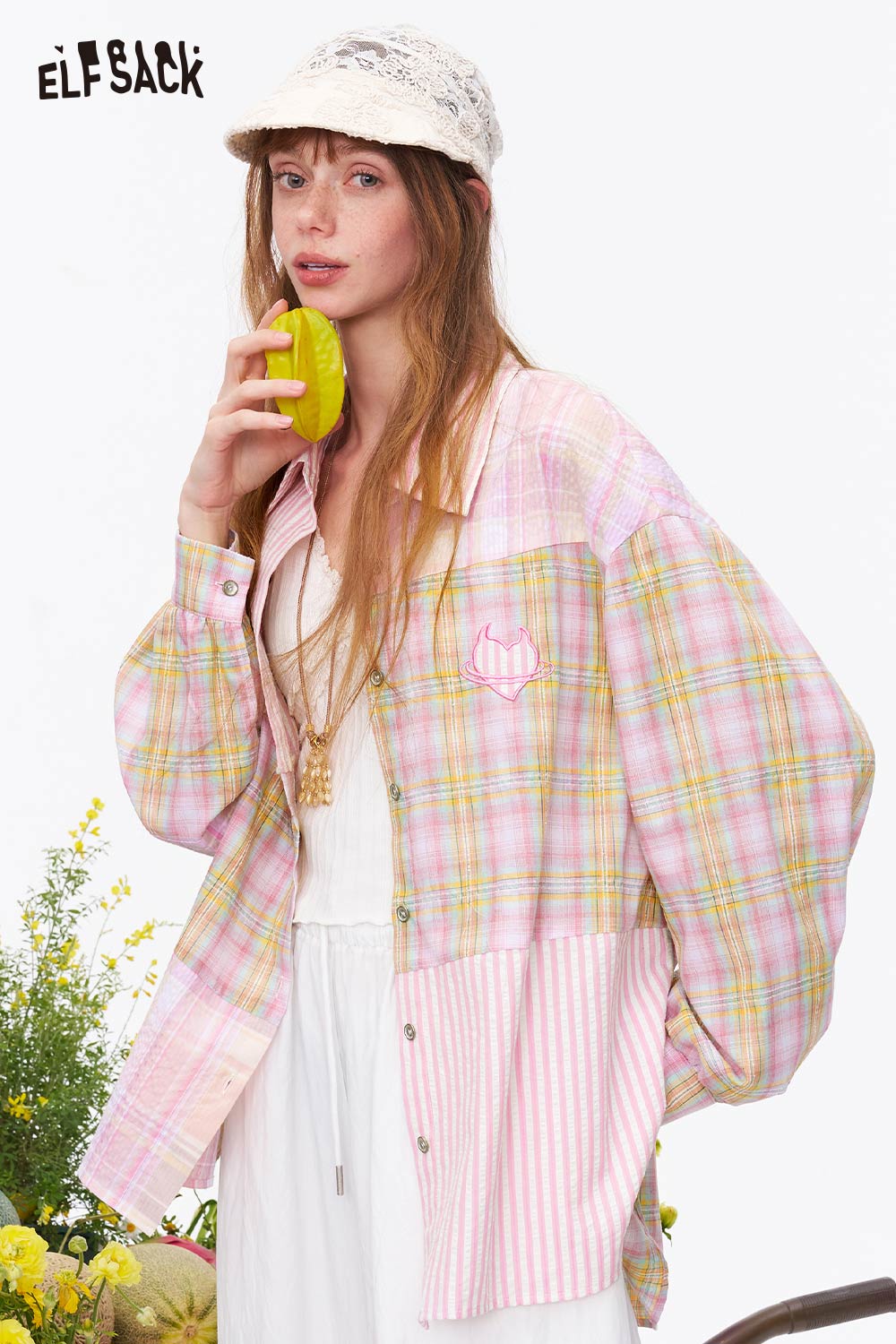 ELFSACK Pink Plaid Patchwork Embroidered Shirt