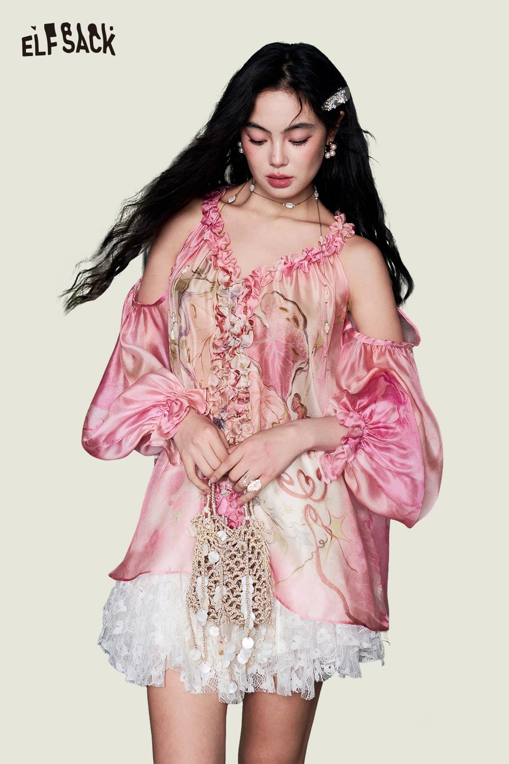 ELFSACK Pink Watercolor Print Sheer Chiffon Blouse