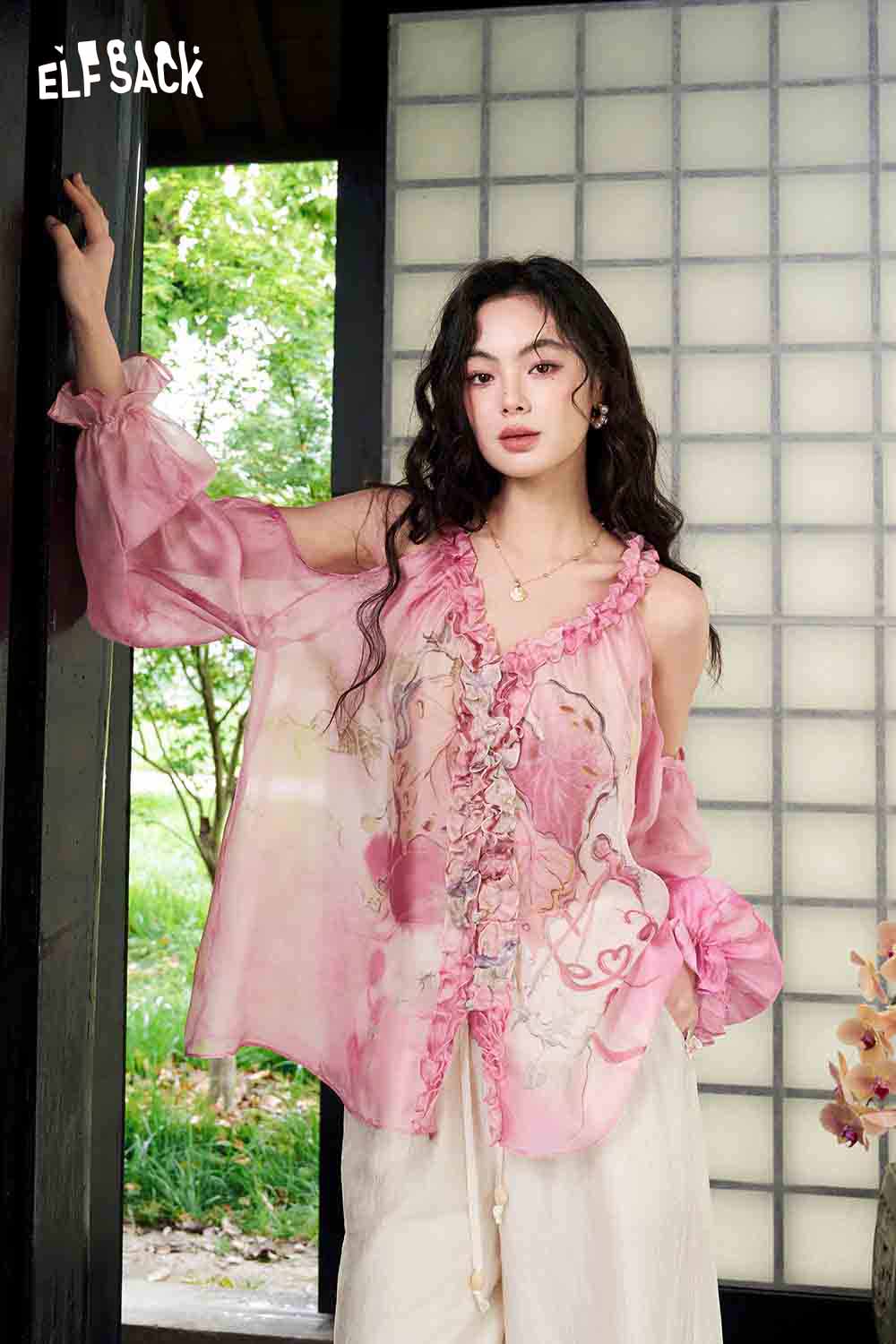 ELFSACK Pink Watercolor Print Sheer Chiffon Blouse