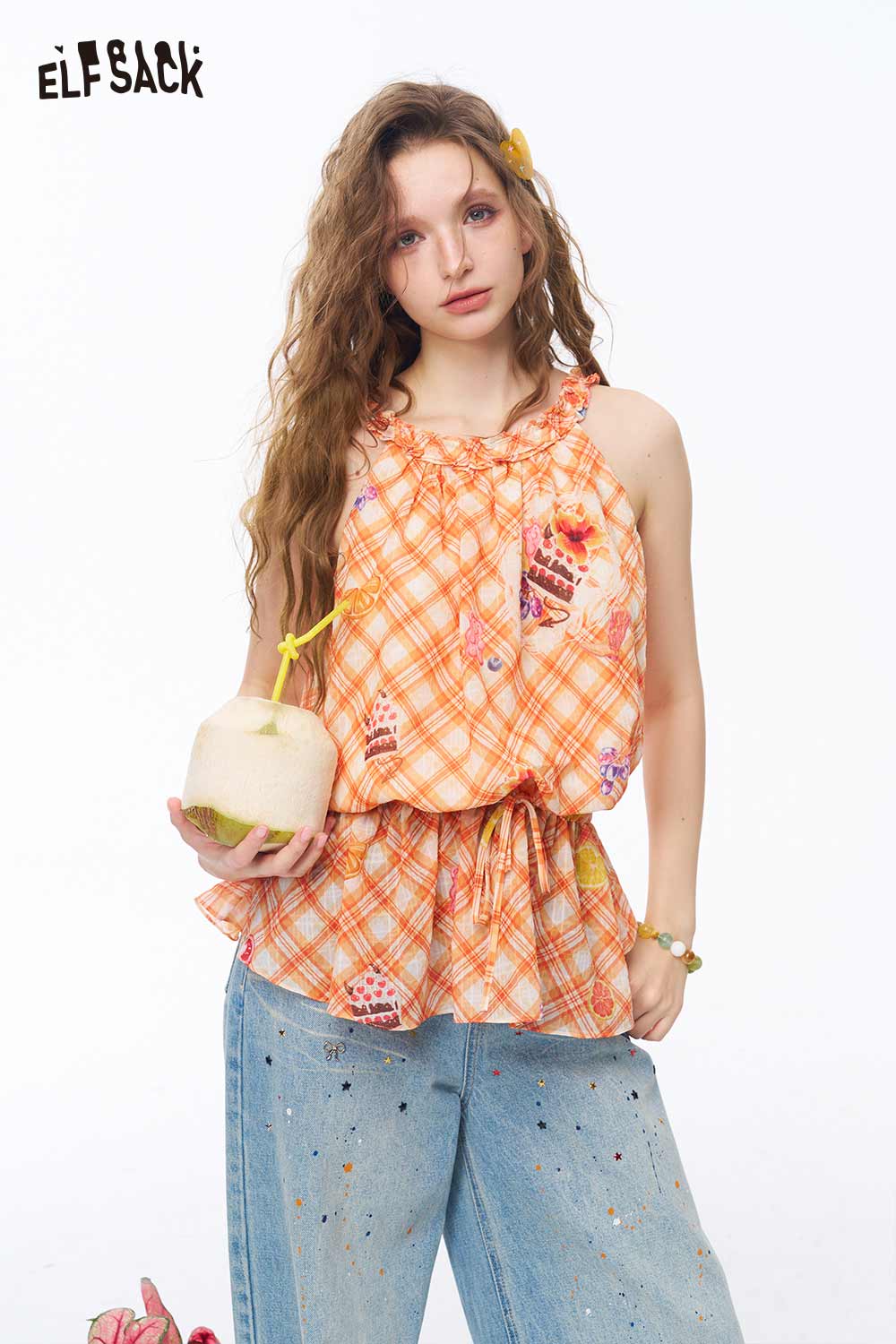 ELFSACK Plaid Cake Print Drawstring Sleeveless Top