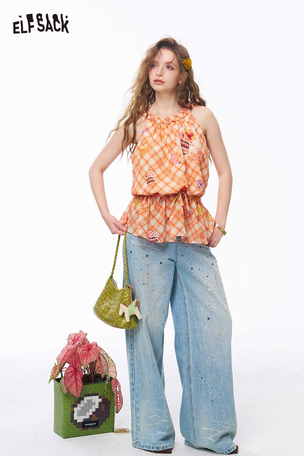 ELFSACK Plaid Cake Print Drawstring Sleeveless Top