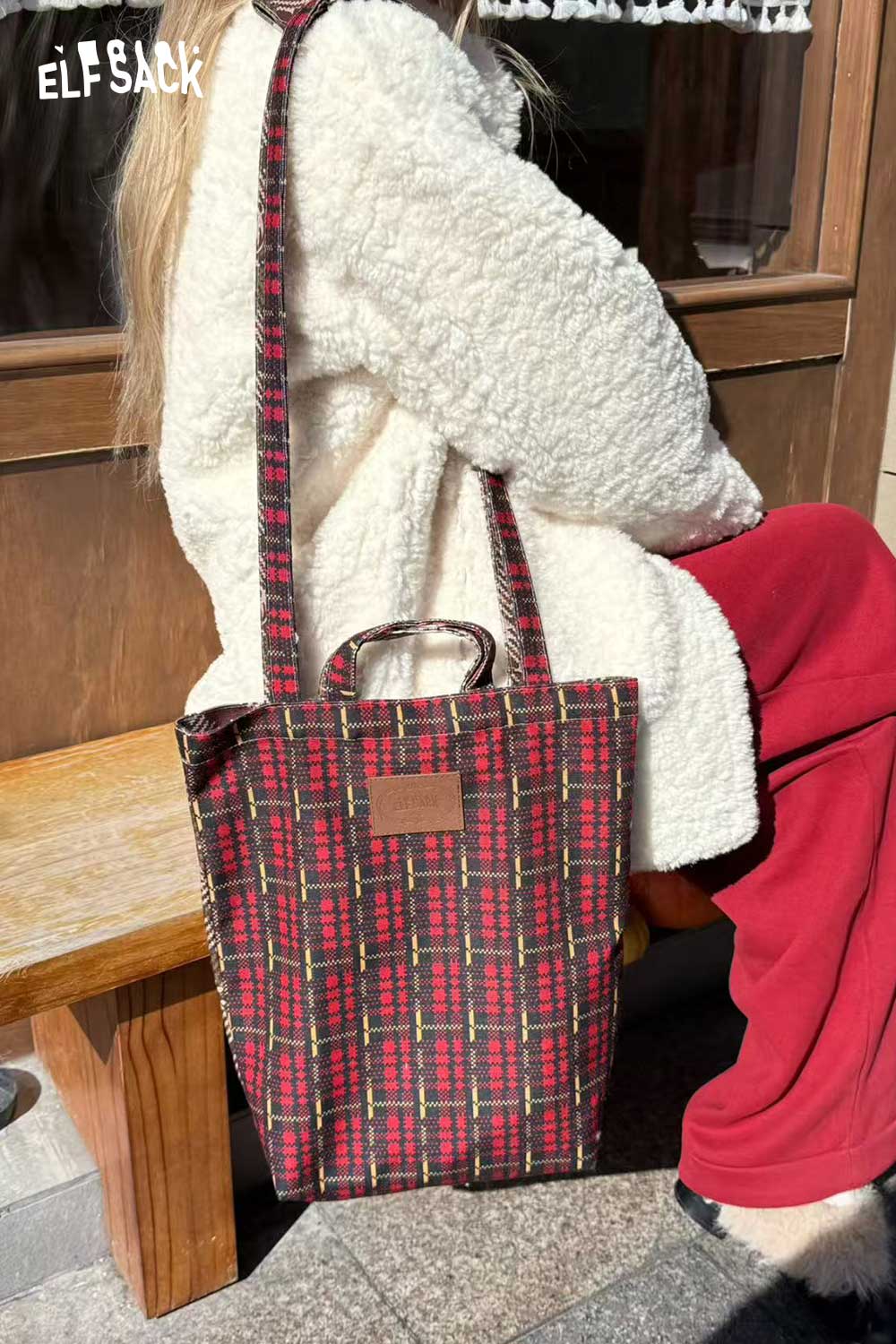 ELFSACK Casual Plaid Double Sided Cartoon Print Crossbody Bag