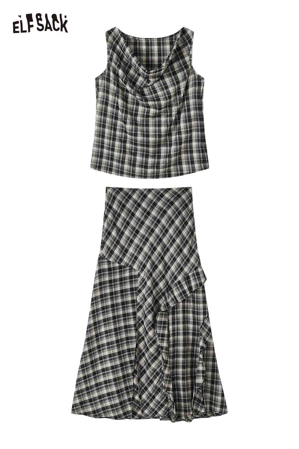 ELFSACK Plaid Cowl Neck 2-Piece Skirt Set