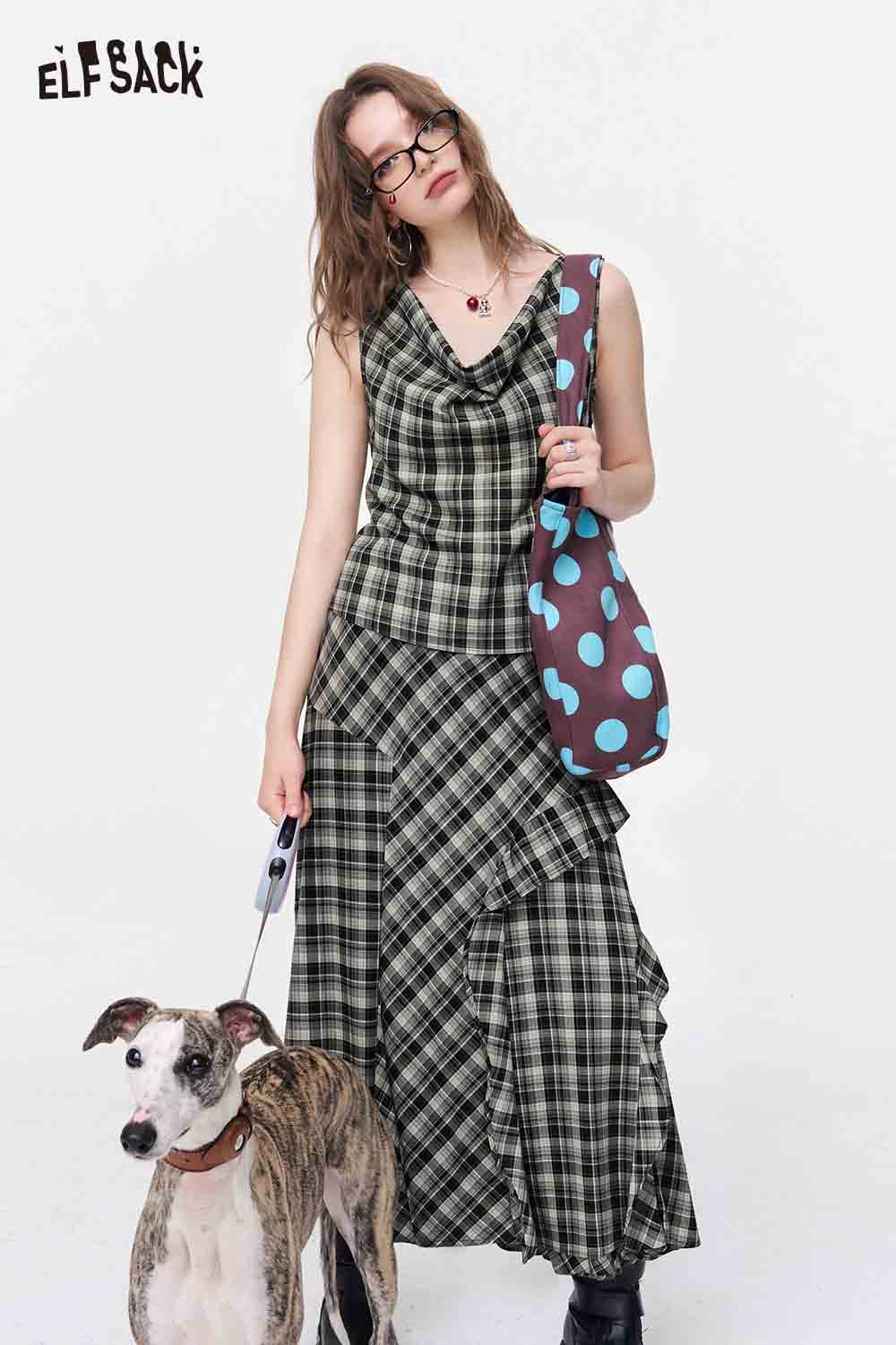 ELFSACK Plaid Cowl Neck 2-Piece Skirt Set
