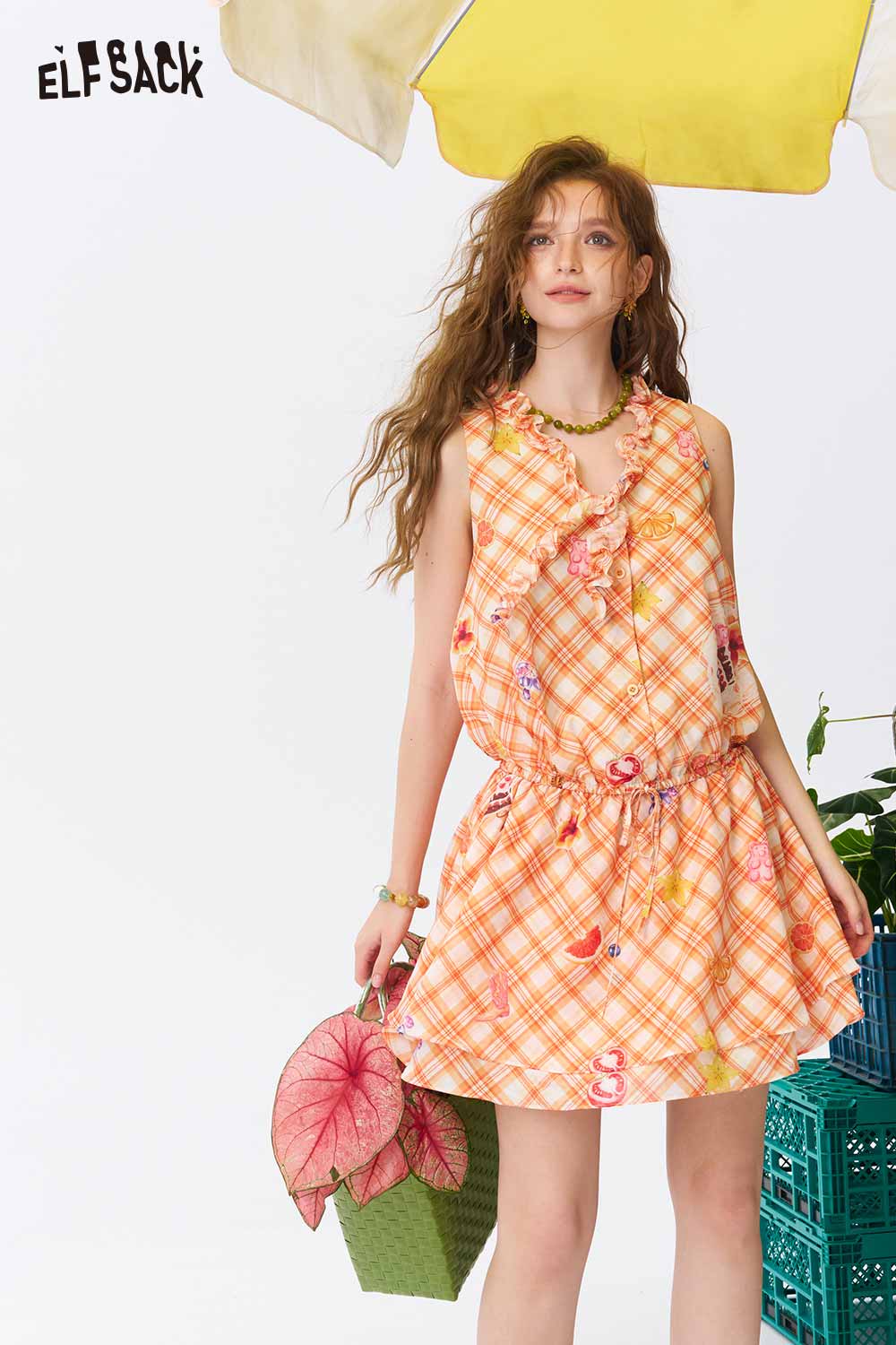 ELFSACK Plaid Fruit Print Ruffle Sleeveless Dress