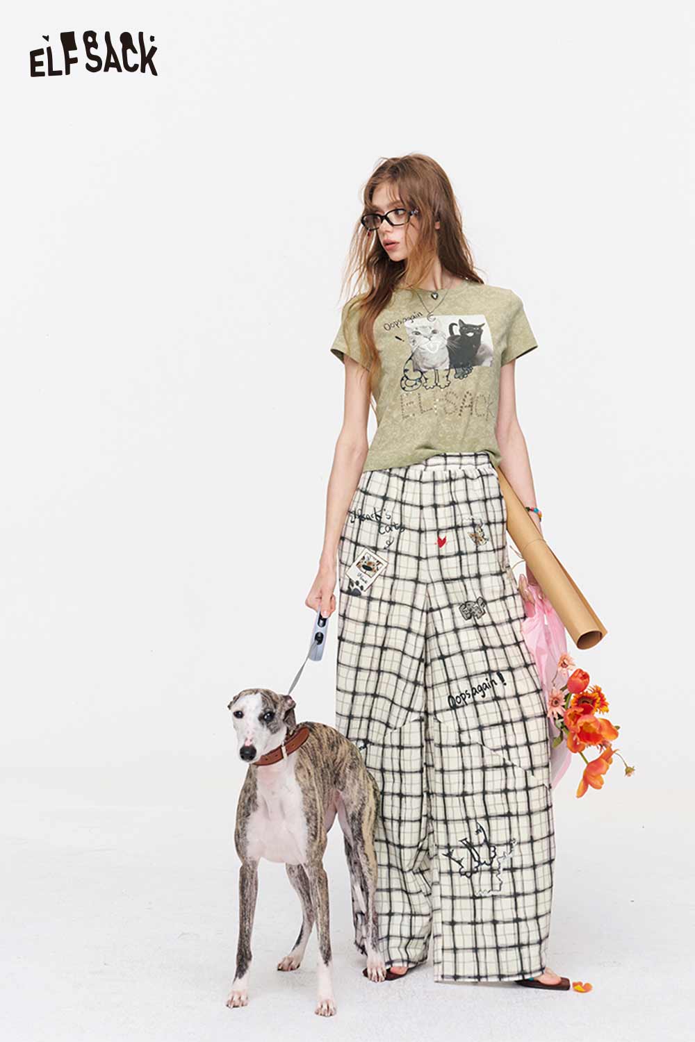 ELFSACK Plaid Graffiti Print Baggy Pants