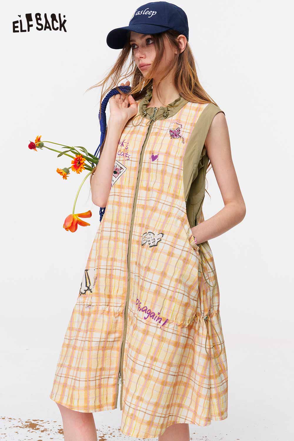 ELFSACK Plaid Graffiti Zip-Up A-Line Midi Dress