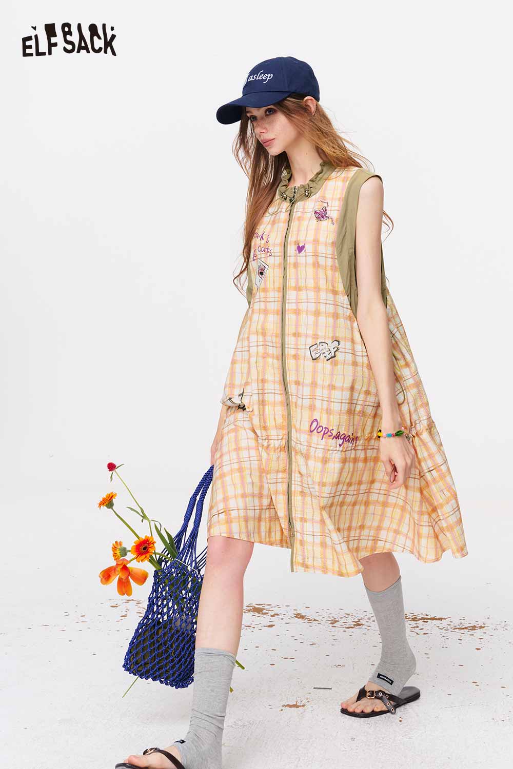 ELFSACK Plaid Graffiti Zip-Up A-Line Midi Dress