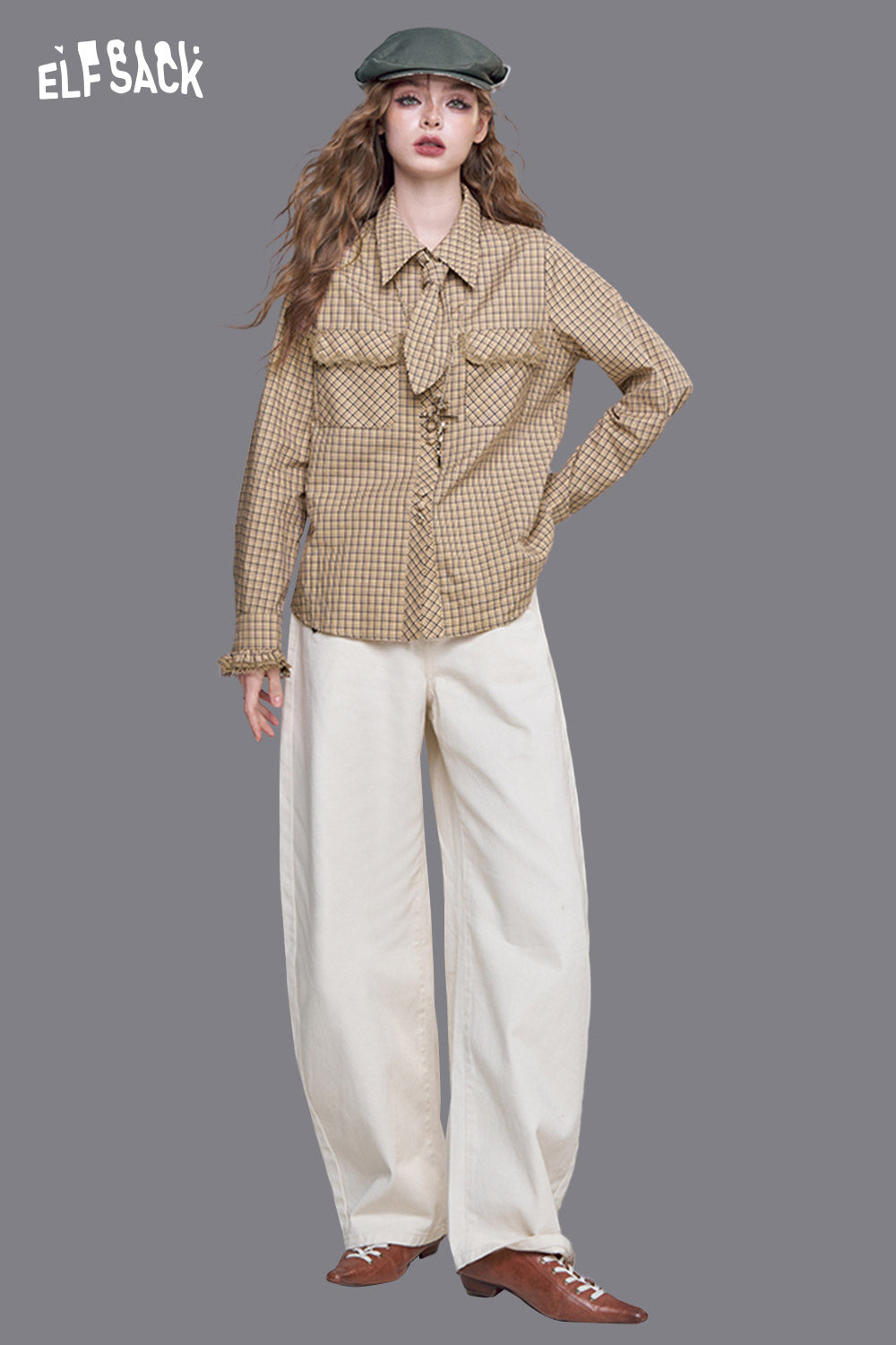 ELFSACK Silky Twill Fabric Plaid Pattern Lace Accent Detail Long Sleeve Shirt