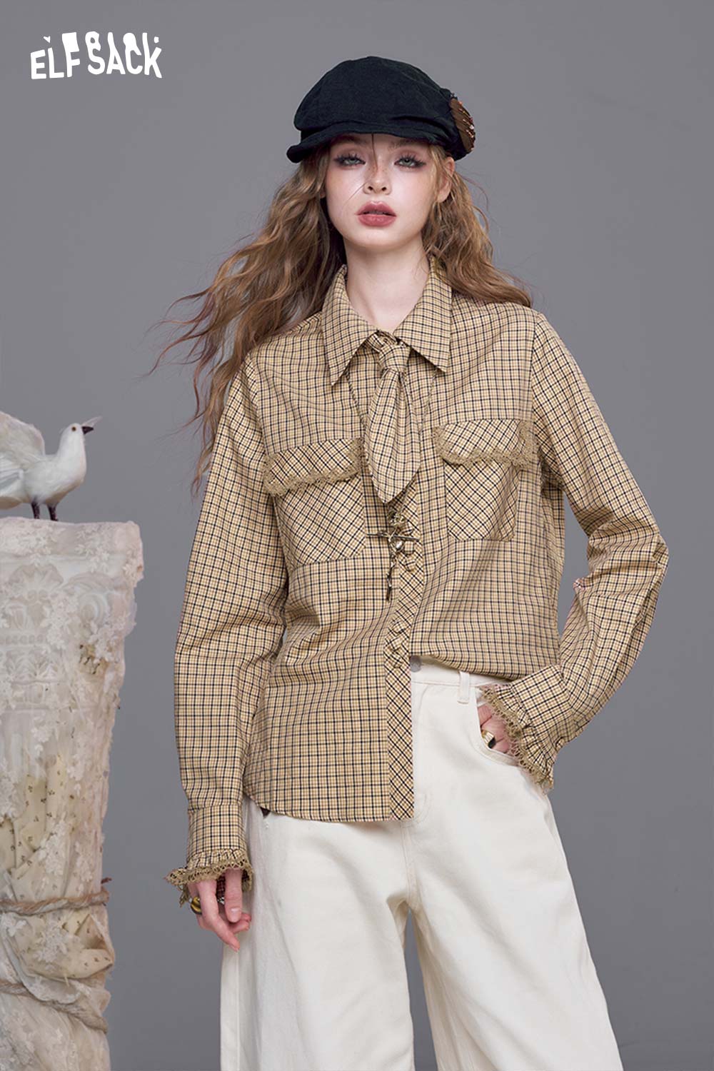 ELFSACK Silky Twill Fabric Plaid Pattern Lace Accent Detail Long Sleeve Shirt