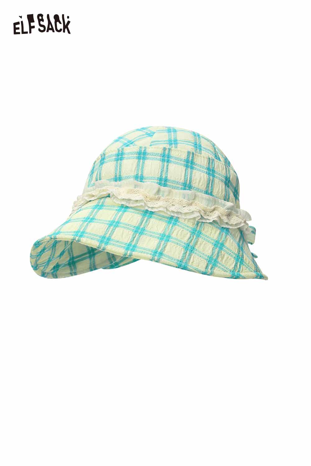 ELFSACK Plaid Lace Trim Bow Bucket Hat