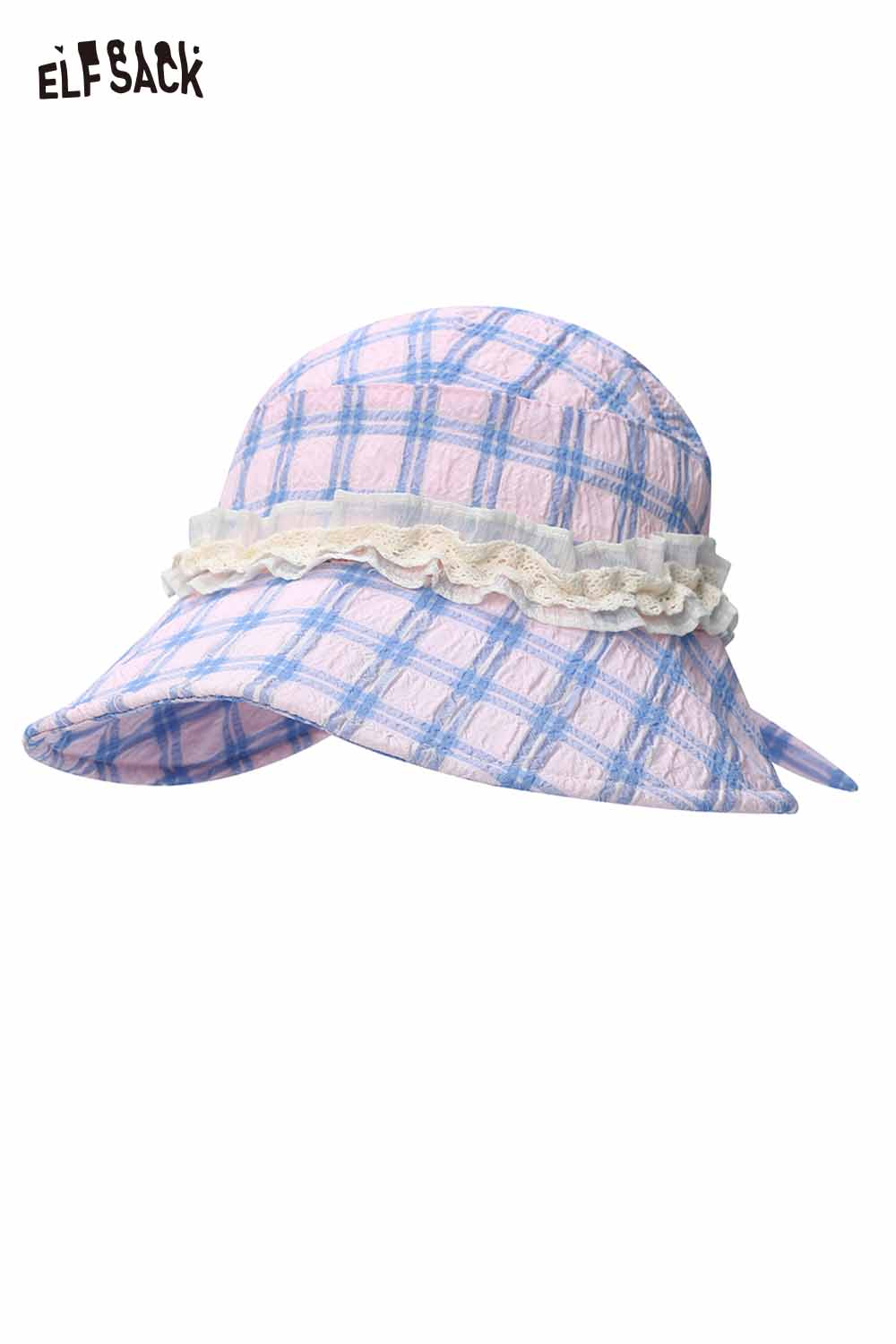 ELFSACK Plaid Lace Trim Bow Bucket Hat
