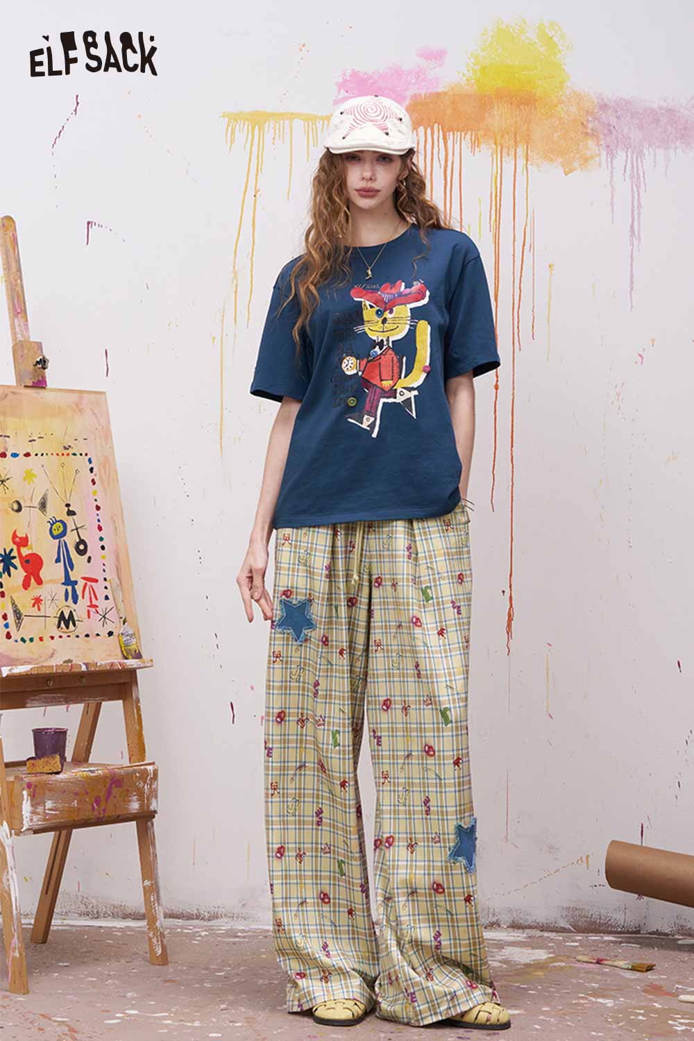 ELFSACK Plaid Letter Print Wide Leg Pants