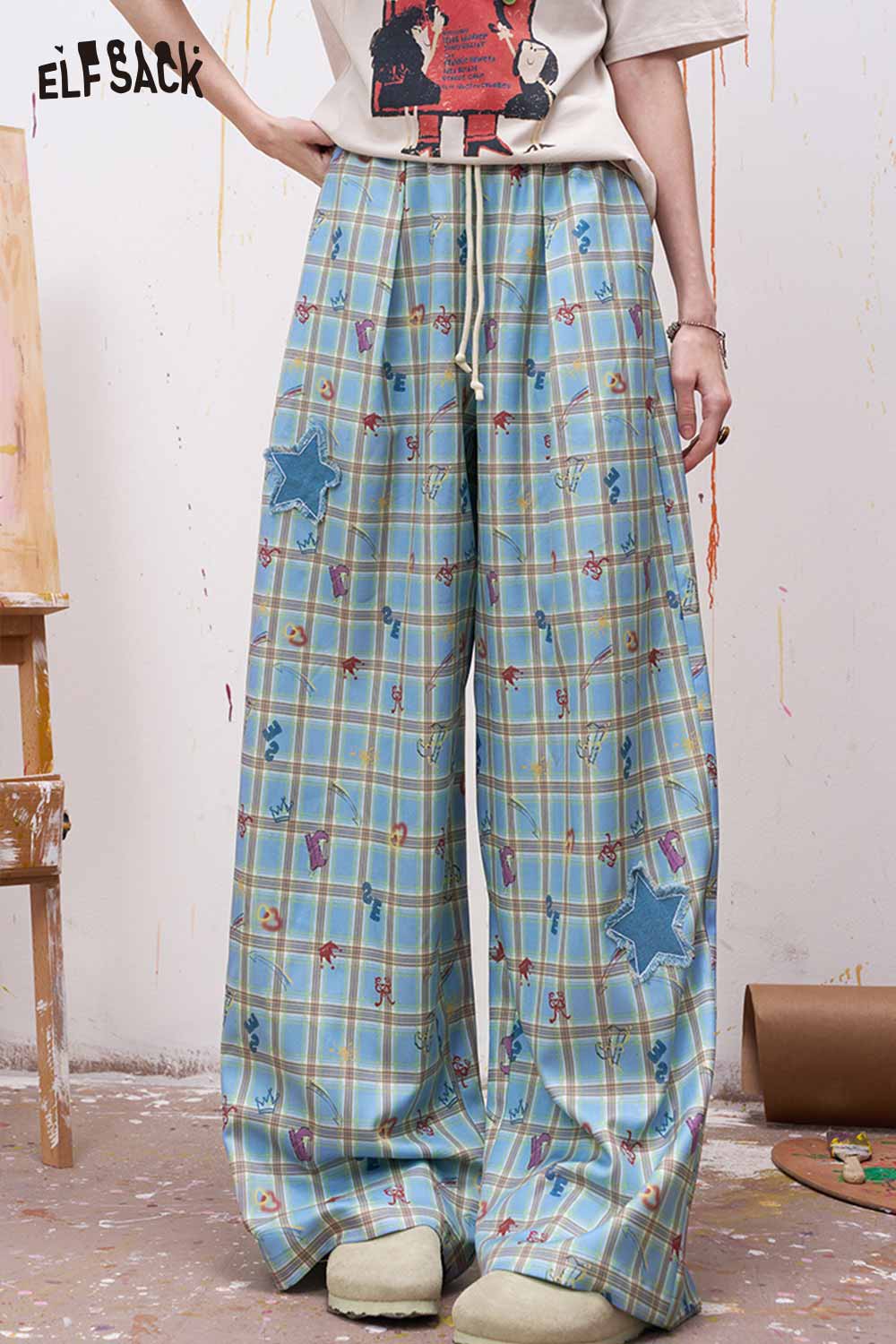 ELFSACK Plaid Letter Print Wide Leg Pants