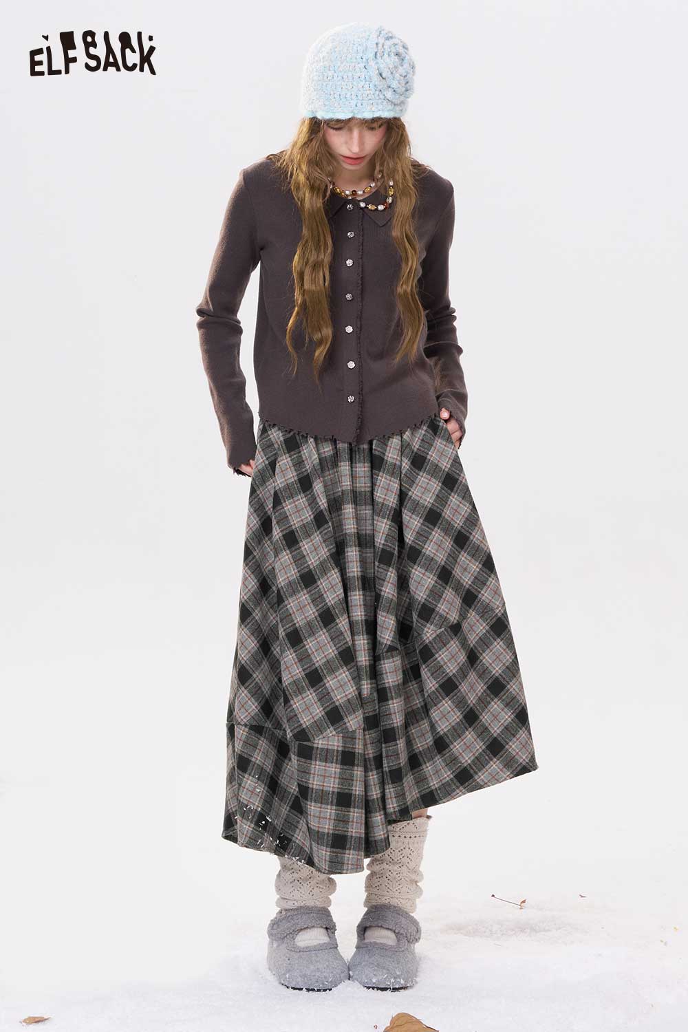 ELFSACK Casual Loose Irregular Large Skirt Plaid Long Skirt