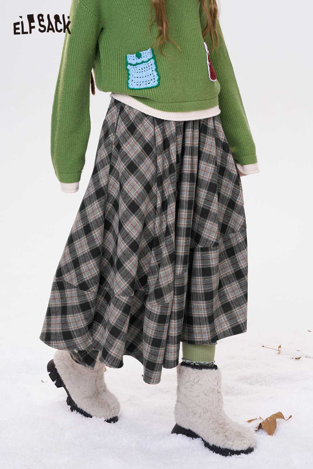 ELFSACK Casual Loose Irregular Large Skirt Plaid Long Skirt