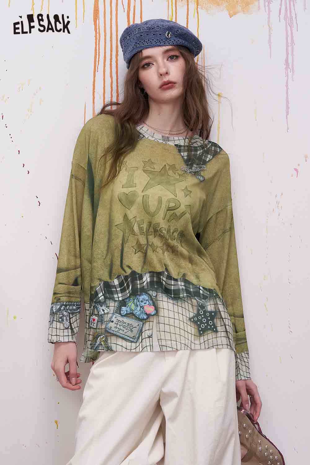 ELFSACK Plaid Patchwork Fake Two-Piece Sweatshirt
