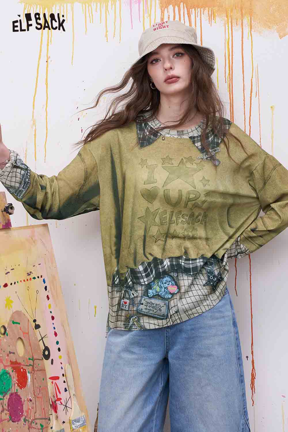 ELFSACK Plaid Patchwork Fake Two-Piece Sweatshirt