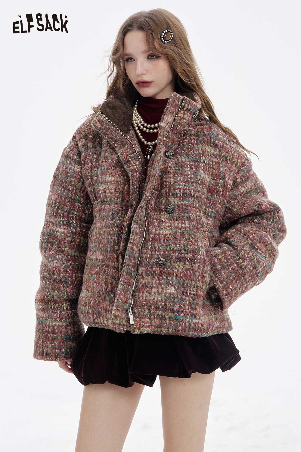 ELFSACK Soft Plaid Puffer Fur Collar Full Zip Button Short Coat