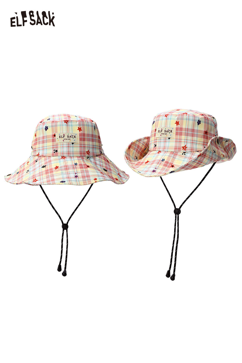 ELFSACK Plaid Star Print Wide Brim Bucket Hat