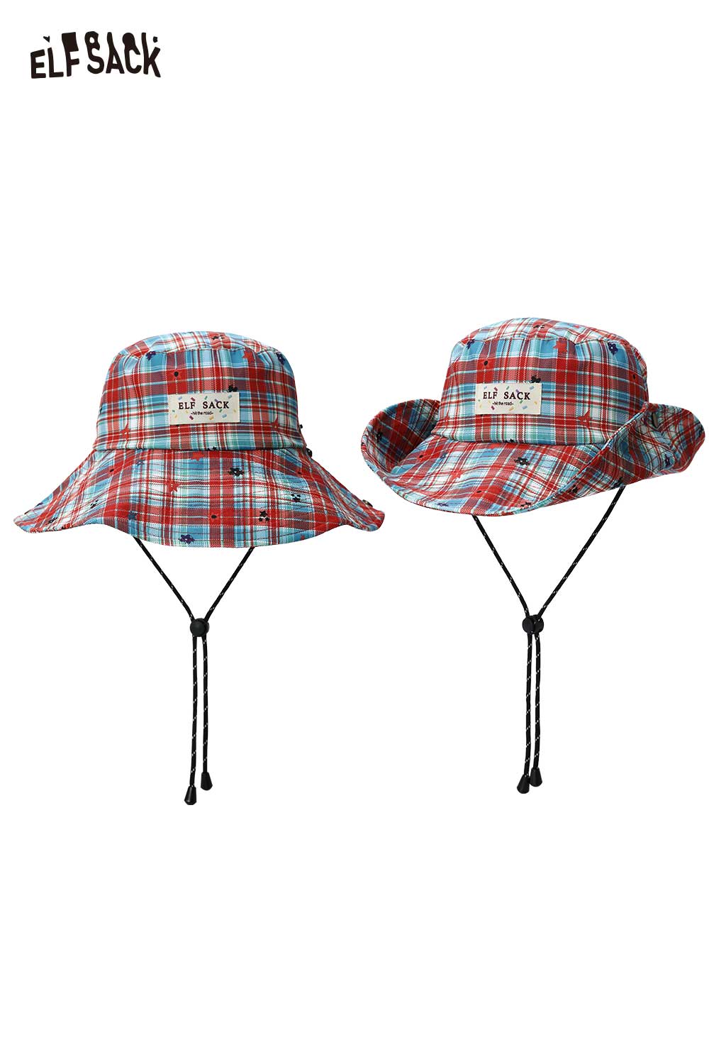 ELFSACK Plaid Star Print Wide Brim Bucket Hat