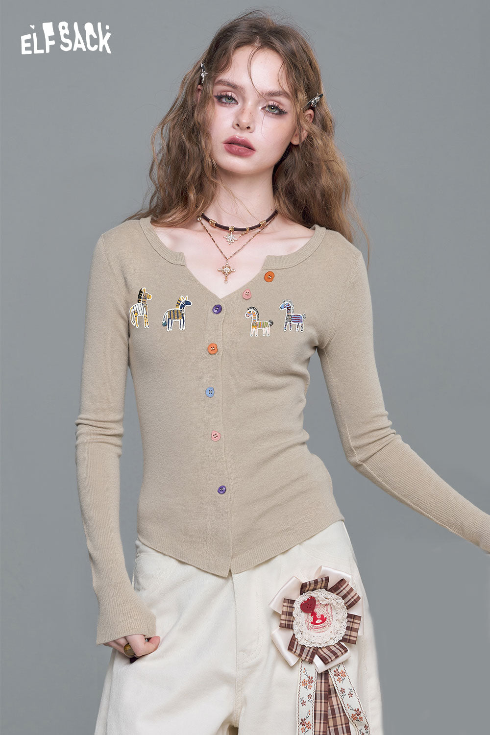 ELFSACK Knitted Button Front Cardigan with Playful Animal Motifs and Colorful Buttons