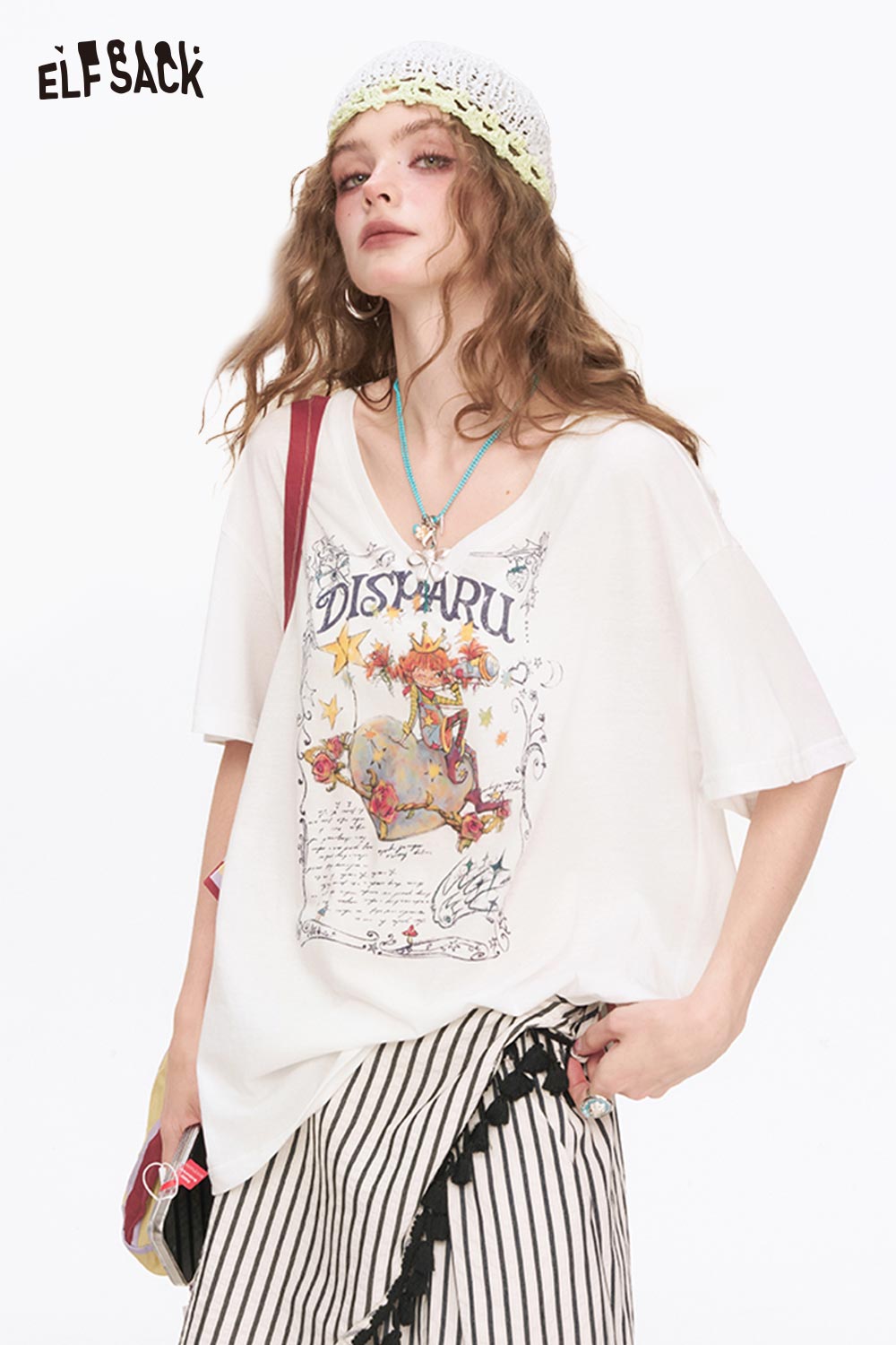 ELFSACK Playful Cartoon Print Oversized T Shirt