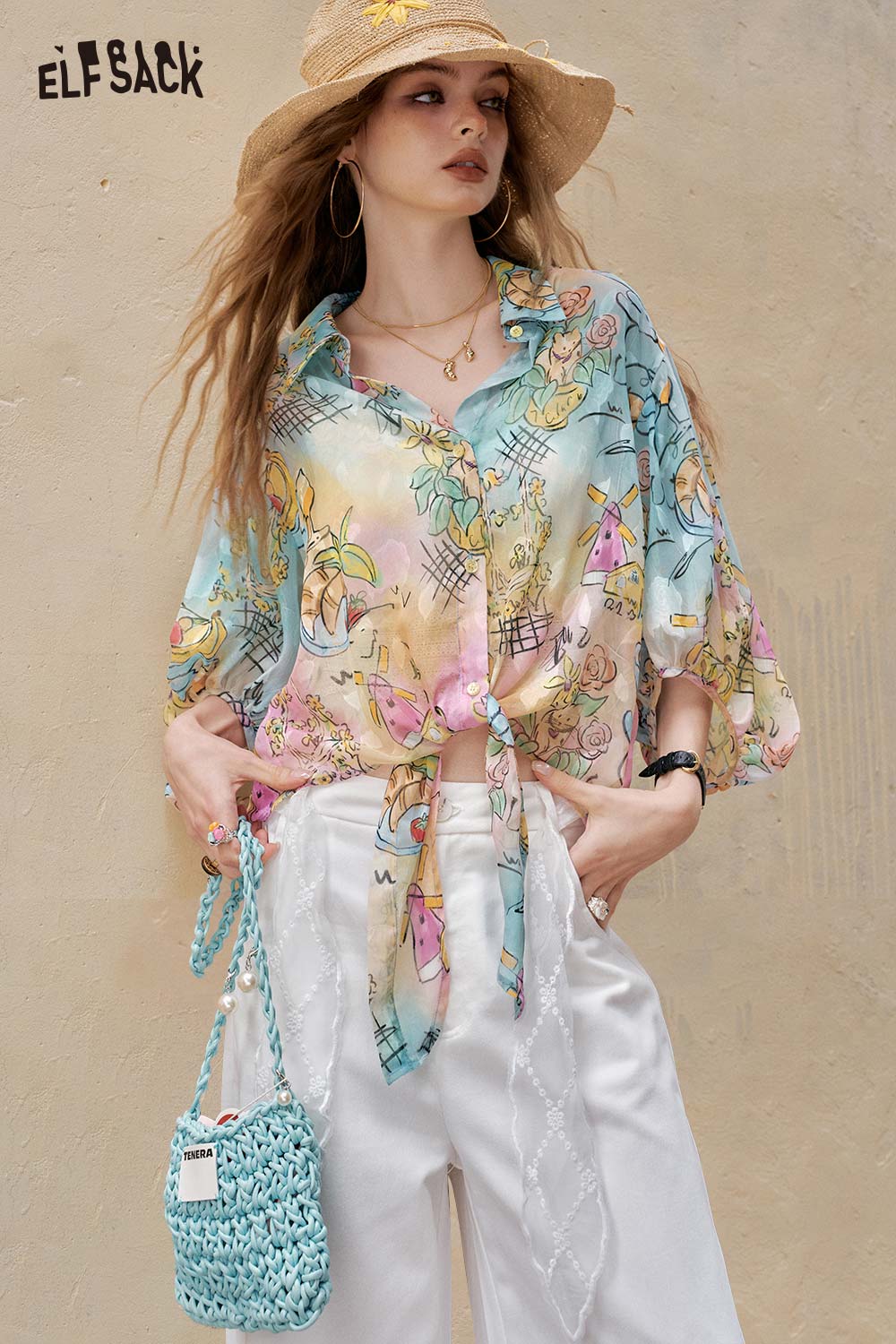 ELFSACK Playful Cartoon Print Tie Front Blouse