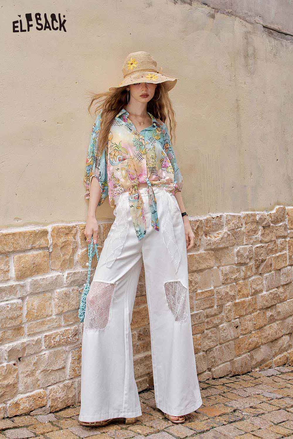 ELFSACK Playful Cartoon Print Tie Front Blouse