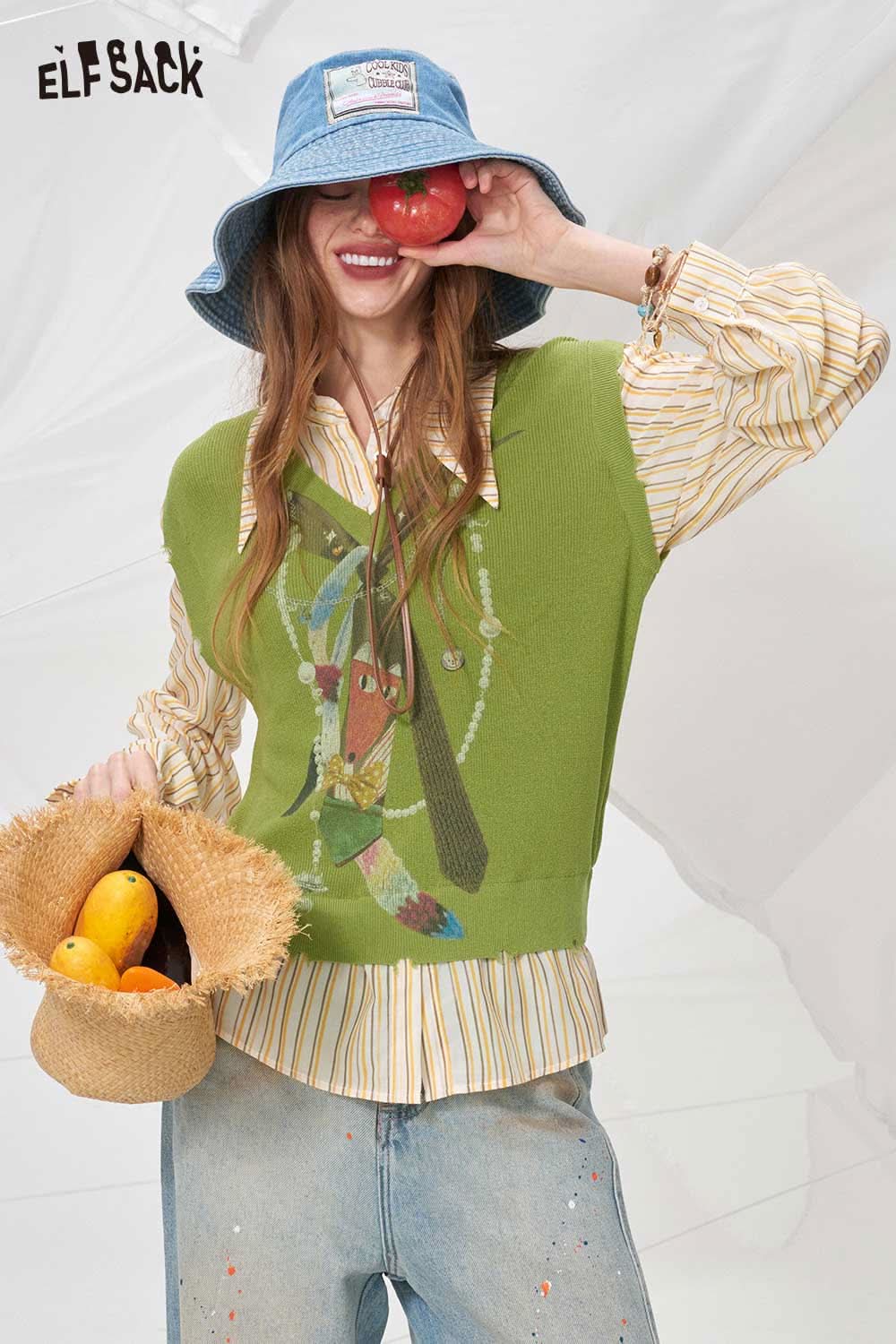 ELFSACK Playful Fox Print Fake Two-Piece Knit Top