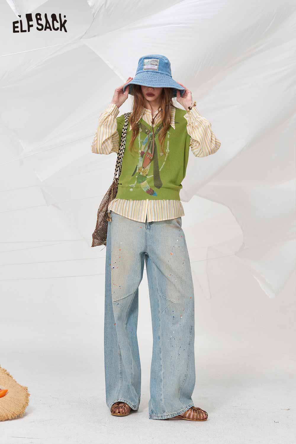 ELFSACK Playful Fox Print Fake Two-Piece Knit Top